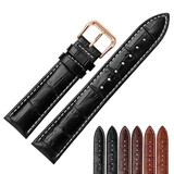 世辉真皮表带男适用浪琴天梭精工天王坤格飞亚达卡西欧牛皮针扣手表带 黑色白线玫瑰金扣 接口宽度19mm