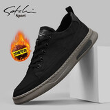 沙驰男鞋秋冬新款板鞋男士休闲鞋时尚帆布鞋日常系带软底鞋子男 黑色 加绒款 40 (250mm) 皮鞋码