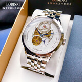 瑞士认证罗宾尼（LOBINNI）瑞士风格手表男士机械表全自动商务镂空飞轮时尚男表前十大名圣诞节礼物 【时光轮系列】银壳白面钢带【16020】