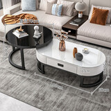 华艺古彭 椭圆形茶几钢化玻璃大理石纹路带抽屉北欧家用茶几桌 椭圆+黑架+大黑小白-小款纯色