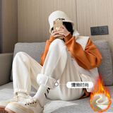 杳纭（YAOYUN）加绒加厚灯芯绒裤女秋冬新款高腰宽松运动裤显瘦休闲裤子 米白【加绒加厚 束脚】 M 建议95-115斤