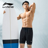 李宁（LI-NING） 泳裤男防尴尬双层游泳裤 温泉度假泳衣全内衬休闲三分沙滩裤 【单件】黑色五分裤 2XL 【身高180-185体重75-85kg】