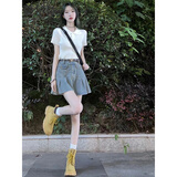 蔓尔依（MANERYI）连衣裙夏季女装2025年新款韩版小个子显瘦牛仔百褶短裙子时尚套装 上衣+短裙 S