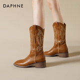 达芙妮（DAPHNE）马丁靴女2025爆款夏季草原刺绣切尔西靴西部牛仔靴美拉德骑士靴子 棕色【单里款】 37
