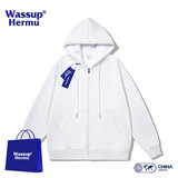 WASSUP HERMU官方潮流连帽卫衣男秋冬季运动休闲情侣套装大码外套潮牌长袖开衫 白色 M（建议90-110斤）