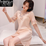 莫代尔睡衣女士新款冰丝睡裙性感夏季薄款蕾丝短袖睡裙家居服舒适 杏色 XL 170【115-130斤】