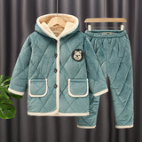 HELLOLUOBO冬季儿童睡衣加厚加绒男童女童珊瑚绒小孩保暖男孩宝宝家居服套装 豆绿色戴帽【三层夹棉加】 160码（150-155cm）