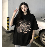 娇茹妮 欧美高街潮牌纯棉短袖t恤女宽松韩版ins原宿风hiphop炸街半袖上衣 黑色纯棉 M