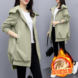 俏婷朵2021春季韩版夹克女宽松休闲连帽风衣女时尚中长款小个子黑色气质 浅绿色【加绒加厚】 XL 建议120-130斤