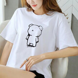 艾罗帝朗纯棉短袖t恤女新款春夏季学生宽松青年百搭学生白T半袖上衣打底衫 素描熊 2XL 建议130-145斤