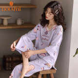 多拉美（DOLAMI）睡衣女夏纯棉中袖九分裤休闲修身全棉套头V领韩版家居服套装 3.浅紫 XL