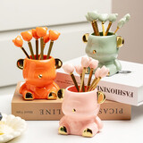 耐持水果叉子小熊陶瓷收纳罐创意不锈钢水果签甜品可爱小叉子套装 【3叉】牛油果金