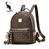 酷奇袋鼠轻奢双肩包女2025七夕头层牛皮字母印花少女旅行背包潮流百搭时尚 咖啡色11