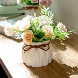 盛世泰堡 仿真花假花束盆绢花装饰花陶瓷小花瓶花艺客厅装饰摆件 白色玫瑰