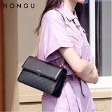 红谷新款时尚牛皮单肩斜挎包菱格设计链条腋下包包女  七夕情人送女友 漆黑