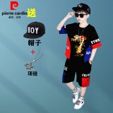 皮尔卡丹（pierre cardin）童装男孩穿的4-14岁儿童装夏装2025新款短袖套装衣服6中大童街舞 黑色(+帽子+项链) 140 建议身高1.3米左右50-60斤