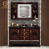 拜伦皇廷 新中式橡木浴室柜组合智能镜岩板洗手池洗脸盆洗漱台卫浴柜定制 智能款【灯光+除雾+时间】 100CM两门三抽