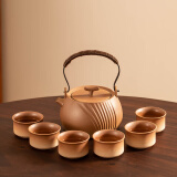 瓷牌茗茶具（cipaiming teaset）茶壶粗陶烧水壶户外酒精炉煮茶壶陶瓷围炉煮茶茶具套装 粗陶条纹古鸣壶7件