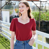 百图betu女装夏季新款T恤方领法式上衣设计感短袖T恤女2303T11 红色 M