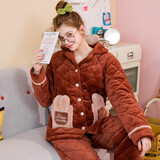 芬腾 睡衣女冬季夹棉三层加厚绒新款长袖开衫家居服套装 栗子 L