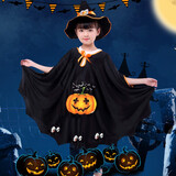 企米万圣节服装儿童女巫披风斗篷女孩男孩万圣节衣服 学校cosplay表演 披风+帽子+南瓜袋【不含扫帚】