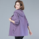 女梦雨情纯棉外套女春秋宽松衣服中年人女装开衫连帽风衣40-50岁休闲上衣 紫色 2XL 建议130-145斤