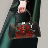 丝芙伦品牌中国风牡丹花真皮手提小包气质女士旗袍包时尚妈妈包牛皮压花宴会包 黑色-红牡丹