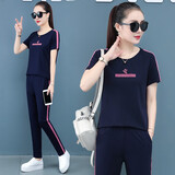 匹卡特（PIKATE）短袖T恤女夏天女装套装薄款新款韩版潮流夏季棉休闲宽运动套装女 宝蓝+九分裤 M