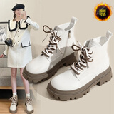 ZHR马丁靴女英伦风真牛皮舒适百搭厚底增高女靴INS网红街拍加绒短靴 米色（G631A-加绒） 37