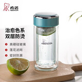希诺（HEENOOR）双层玻璃杯女士滤网带盖珠光花茶杯耐热防烫便携泡茶水杯子礼盒装 灰绿 200ml