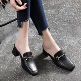 断码青蜓牌真皮包头半拖鞋外穿2023夏百搭穆勒女鞋中粗跟软底凉拖 黑色 37