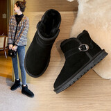 ZHR反绒牛皮雪地靴女圆头套脚平底女靴保暖棉鞋手工缝制秋冬新 黑色 39