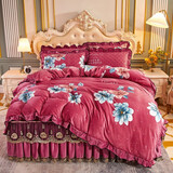 禧愿床裙四件套水晶绒法兰绒牛奶绒床盖夹棉床上魔法绒四件套 床裙床品套件 非全棉纯棉婚庆套件床罩套件 富贵花开-粉芷 1.5米床 床裙三件套