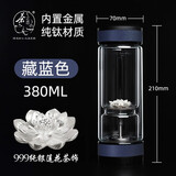 茶之恋999纯银杯创意双层玻璃水杯便携过滤高档茶水分离茶杯生日礼物 钛晶版藏蓝色（莲花银饰）