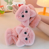 诺芝萌女士毛绒猫猫手套女冬季半指卡通学生手套办公室打字保暖翻盖手套 猫咪翻盖粉色 均码