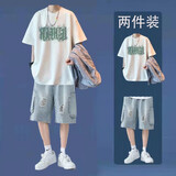 惠穿依纯棉短袖t恤男夏季休闲宽松五分袖上衣韩版青少年帅气衣服两件装 T46白色+牛仔浅蓝 L