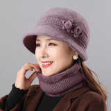 笙格儿 帽子女冬季中老年保暖兔毛帽老年人毛线帽围巾冬季送妈妈的生日礼物加绒针织帽 浅紫 单个帽子 均码