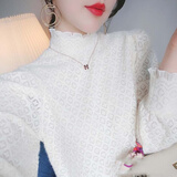 婷婉美薄款/加绒半高领钩花长袖蕾丝衫女秋冬新款气质内搭打底衫上衣潮 单层镂空薄款 白色 2XL