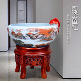 牧溪源景德镇陶瓷鱼缸养鱼盆大号造景客厅家用办公室乌龟缸循环流水摆件 大号鸿运当头