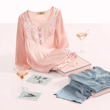 美标送礼物真丝睡衣女长袖套装春秋性感100%桑蚕丝绸睡衣蕾丝家居服夏 橡皮红 XL (170/92A)