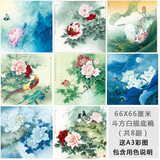 桔舍工笔画底稿白描底稿初学者临摹国画花鸟牡丹荷花临宋小品山水画扇面扇形李晓明大底稿工笔画白描线 套餐四,四尺斗方底稿8副 白描底稿+A3彩图+用色说明