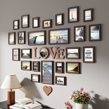 纪恒暄 心形实木照片墙挂墙组合装饰画框婚纱照个性欧式木质像框相片框 24框巧克力色+海天一色