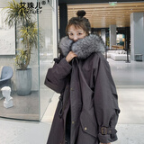 艾珠儿工装派克服棉服女冬季新款女装加绒加厚中长款棉衣宽松棉袄外套女 灰色 L(建议135-145斤)