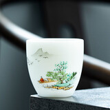 钰铨龙门 山水茶杯 德化羊脂玉瓷手绘主人杯功夫茶具白瓷喝茶杯单杯套组 手绘山水迎福杯-5号（约100ml)