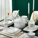 mornenjoy碗碟套装家用 餐具套装10人组合景德镇陶瓷碗盘整套欧式金边 【明火煲】方形春风十里 【可微波炉洗碗机】 58头