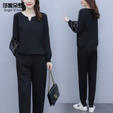 莎妮朵罗加肥加大码女装套装春款遮肚微胖套装宽松休闲运动服两件套16288 黑色 2XL 建议135-150斤穿着