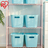 爱丽思（IRIS）收纳篮多功能收纳筐厨房卫生间塑料镂空藤编纹带盖储物口罩收纳盒 L号（42*29*26cm)蓝色