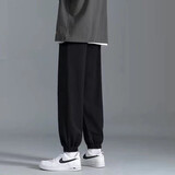 畅登 裤子男秋冬款ins卡通印花青少年抽绳宽松学生直筒九分百搭哈伦裤 纯黑色束脚【单件常规款】 XL