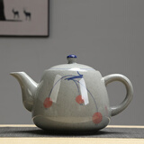 述意 陶瓷大茶壶手绘复古青花粗陶提梁壶餐厅泡茶壶家用开水凉水壶 手柄壶樱桃1升(有滤网)