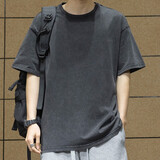 依郎酷短袖t恤男宽松重磅纯棉圆领大码水洗复古五分袖男士打底体恤衫 复古黑 2XL【160-180斤】